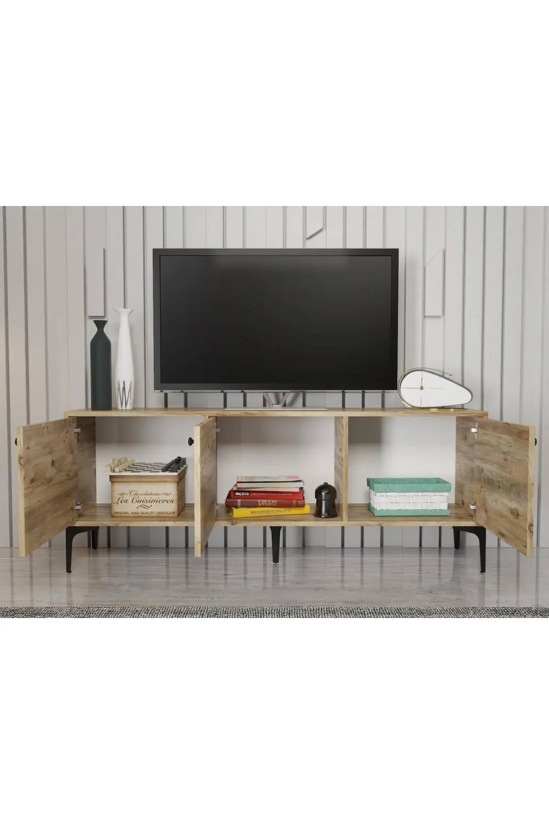 Bello 160 Cm Metal Ayaklı Tv Ünitesi - Konsol - Atlantik Çam / Siyah